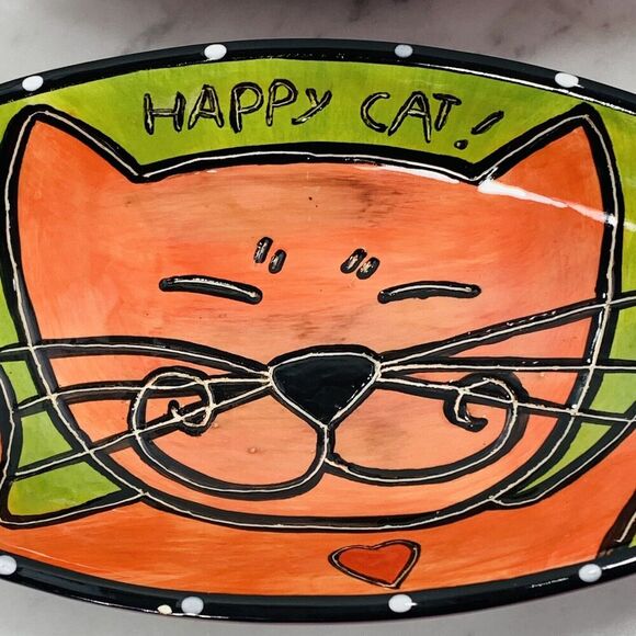 LOT (2) Outi Happy Cat Oval Bowls 9.5"x4.5" Blue Green Red Dish Hand Painted EUC - Picture 4 of 8